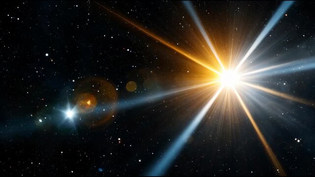 Brilliant bright star and majestic sun in deep space create powerful cosmic lens flare. Beautiful starlight and glowing light ray illuminate distant galaxy with wonder
