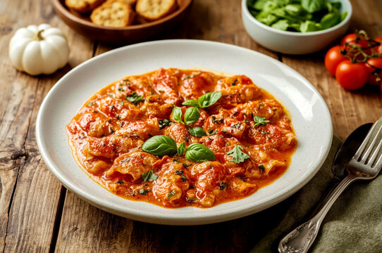 Pasta dish filled with meat and tomato