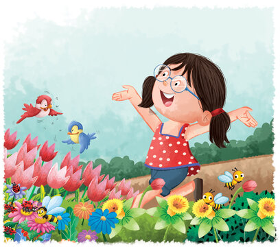 Happy Girl Enjoying Spring Garden with Birds and Flowers