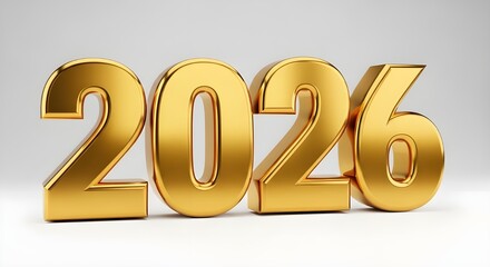 Golden 3d numbers spelling out the year 2026 in a studio setting with a clean background