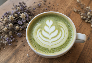 Matcha latte with latte art,