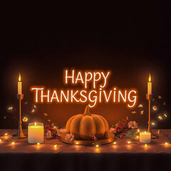 Glowing "Happy Thanksgiving" text illuminates a pumpkin centerpiece, surrounded by lit candles, fairy lights, and fall decor. Warm, festive holiday greeting scene.