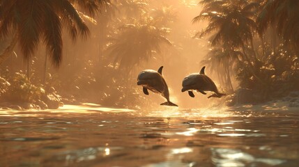 Two Dolphins Leaping Out of Tropical Waters at Golden Hour in Front of Palm Trees.