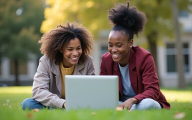 Happy multiracial university students studying and doing homework together outdoor college campus using laptop. High quality
