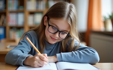 schoolgirl with glasses doing homework. High quality