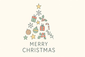 A christmas tree made of christmas ornaments on a cream background with merry christmas text isolated on white background, christmas