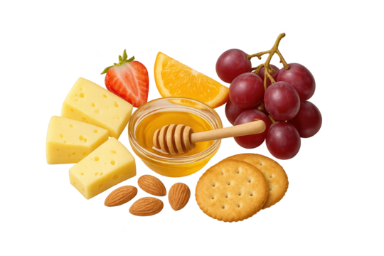 Snack spread with cheese wedges, honey in jar dipper, almonds, crackers, and fresh fruit (orange, strawberry, red grapes)