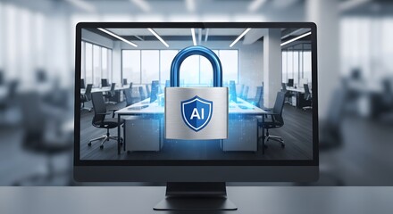 Digital security concept with a glowing ai padlock superimposed over a modern office environment on a computer screen