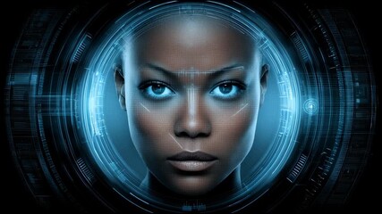 Futuristic woman face with glowing blue eye inside an abstract cyber technology interface, showcasing digital security, advanced biometrics, and facial recognition - Powered by Adobe