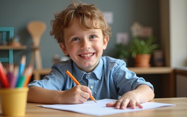 One happy boy doing homework on the desk. High quality