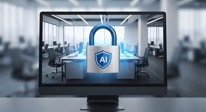 Digital security concept with a glowing ai padlock superimposed over a modern office environment on a computer screen