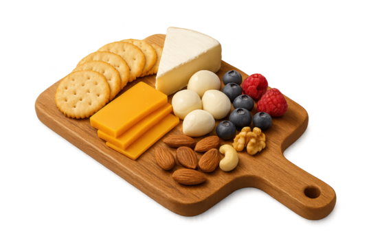 Cheese board with assorted cheeses, crackers, mozzarella pearls, and fresh berries on wooden serving