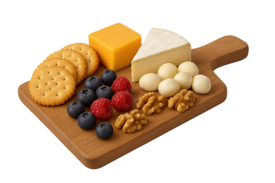 Cheese board with cheddar, brie, crackers, berries, walnuts