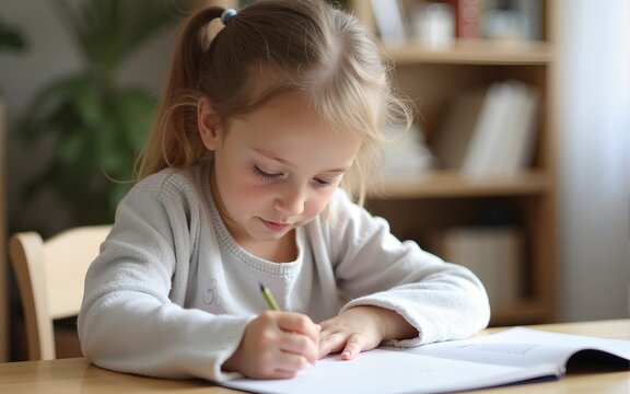 Cute little girl doing homework at home. High quality