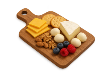 Wooden cutting board features cheddar cubes, brie wedge, small round cheeses, crackers, nuts, and fresh berries in casual snack spread