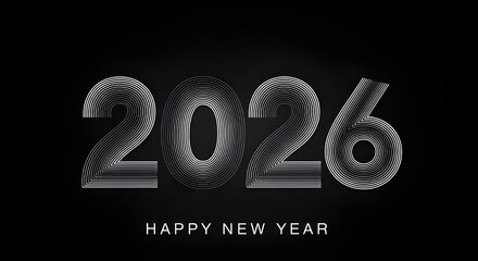 Elegant abstract 3d metallic numbers 2026 with happy new year text on black background