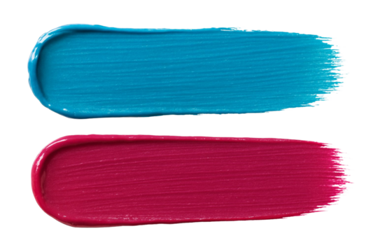 Two vibrant paint strokes one bright cyan blue and one rich magenta pink showing texture and brush marks isolated on transparent background