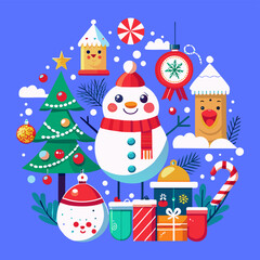 Cheerful Winter Snowman Scene: Holiday Tree, Present, Candycane,  Christmas, Ornament, Festive Vector Design