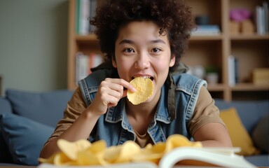 College student eating potato chips when doing homework. High quality