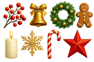 Collection of festive christmas holiday objects including holly berries golden bell wreath gingerbread man candle snowflake candy cane and star isolated on transparent background