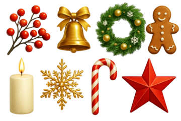 Collection of festive christmas holiday objects including holly berries golden bell wreath gingerbread man candle snowflake candy cane and star isolated on transparent background