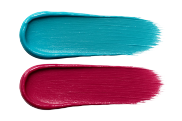 Two vibrant paint strokes one bright turquoise and one rich magenta showing texture and brush marks isolated on transparent background