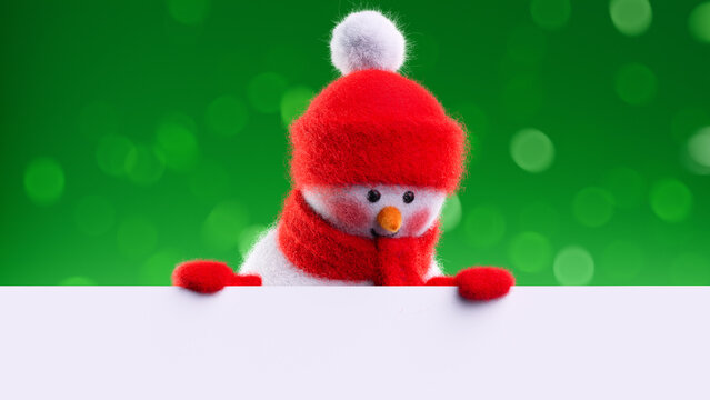 Curious wool‑felt snowman peeks over a white ledge on vivid green bokeh background, ideal for New Year and Christmas postcards. 3d render illustration. - Powered by Adobe