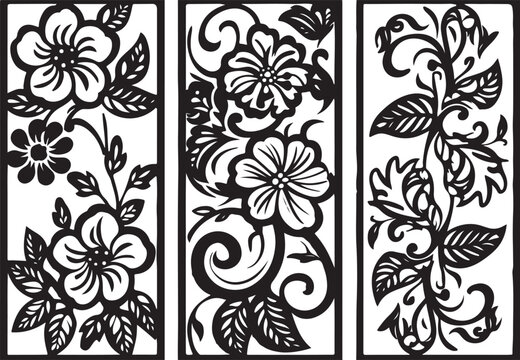 Three vertical panels with floral silhouette designs silhouette