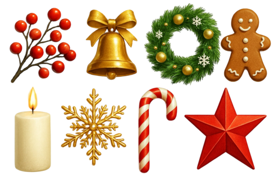 Collection of festive christmas holiday objects including holly berries golden bell wreath gingerbread man candle snowflake candy cane and star isolated on transparent background