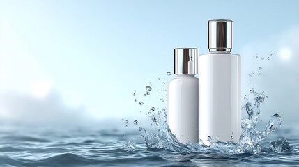 Two White Cosmetic Bottles Amidst Water Splashes, Evoking Freshness and Hydration, Ideal for Skincare.