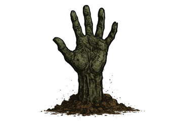 A decaying zombie hand emerging from the ground with dirt and soil isolated on transparent background