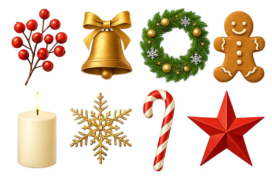 Collection of traditional christmas ornaments and decorations including holly berries bell wreath gingerbread man candle snowflake candy cane and star isolated on transparent background