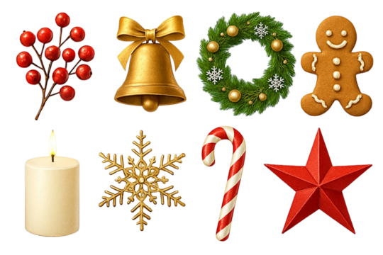 Collection of traditional christmas ornaments and decorations including holly berries bell wreath gingerbread man candle snowflake candy cane and star isolated on transparent background