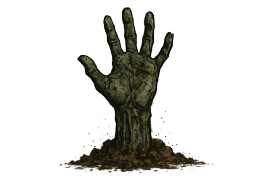 A decaying zombie hand emerging from the ground with dirt and soil isolated on transparent background - Powered by Adobe