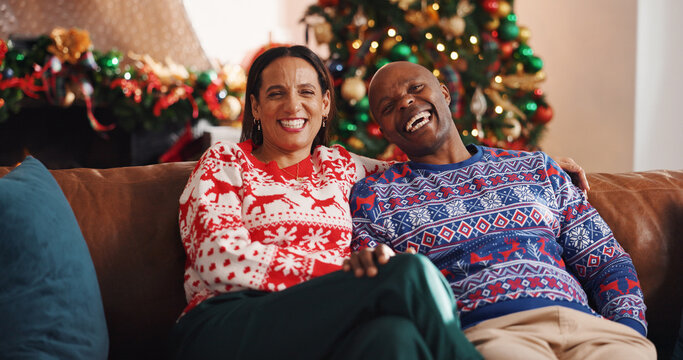 Christmas, portrait and interracial couple with laugh, tree and love in living room of home together. Joke, smile and man with woman, xmas and holiday or vacation bonding for festive season tradition