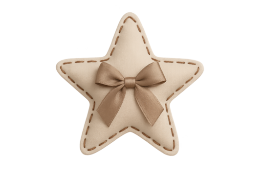 Soft beige star plush with brown stitched edges and tied ribbon bow - Powered by Adobe