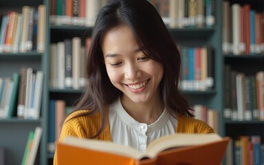 Close-up asian woman student read book in university library smiling girl lady reader enjoy reading novel literature looking at textbook studying information preparing for college exam doing homework