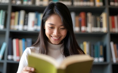Close-up asian woman student read book in university library smiling girl lady reader enjoy reading novel literature looking at textbook studying information preparing for college exam doing homework