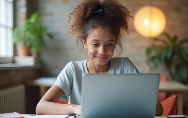 Cropped photo of student girl in casual wear, using laptop, sitt. High quality
