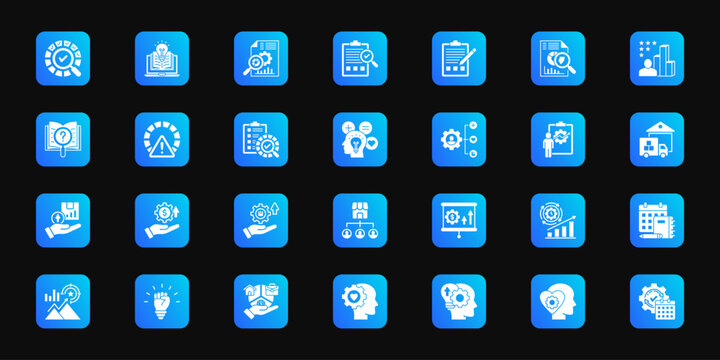 Evaluation and review   Cohesive set of minimalist vector icons representing key ideas with visual clarity