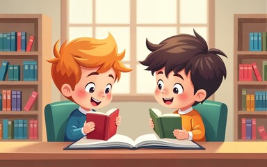 Cute boys reading books in library or in classroom. Elementary school students with books. Kids education cartoon vector illustration. High quality