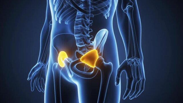 Human Skeleton XRay View Hip Joint Highlighted in Yellow Anatomical Study