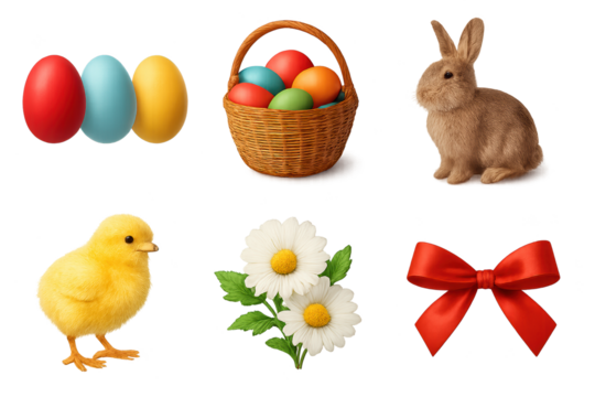Colorful Easter eggs in basket with bunny, chick, daisies, and red bow