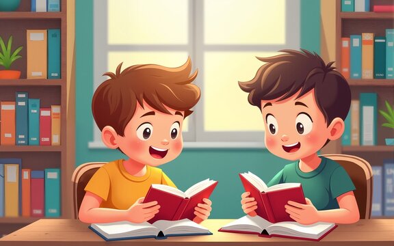 Cute boys reading books in library or in classroom. Elementary school students with books. Kids education cartoon vector illustration. High quality