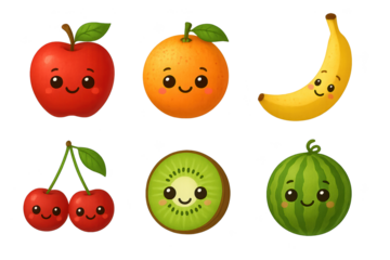Group of cute, glossy fruits with smiling faces: apple, orange, banana, cherries, kiwi, watermelon