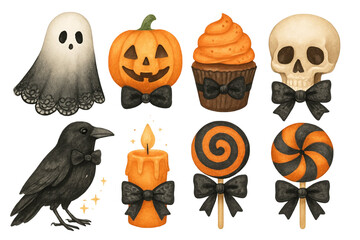 Collection of watercolor halloween illustrations including a ghost pumpkin cupcake skull raven candle and lollipops isolated on transparent background