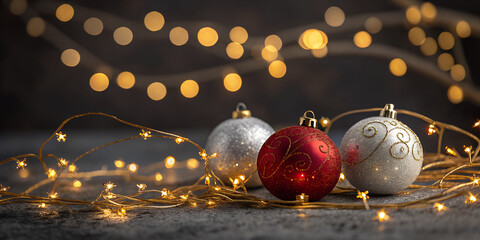Golden Christmas lights with red and silver baubles on a dark blurred background. Elegant festive composition ideal for seasonal banners, greeting cards, and design templates.