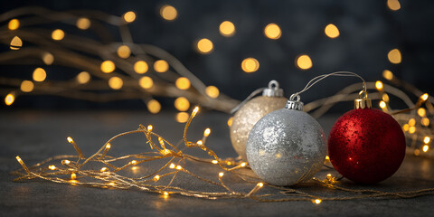 Golden Christmas lights with red and silver baubles on a dark blurred background. Elegant festive composition ideal for seasonal banners, greeting cards, and design templates.