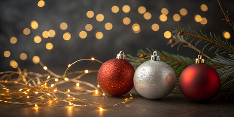 Golden Christmas lights with red and silver baubles on a dark blurred background. Elegant festive composition ideal for seasonal banners, greeting cards, and design templates.