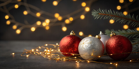 Golden Christmas lights with red and silver baubles on a dark blurred background. Elegant festive composition ideal for seasonal banners, greeting cards, and design templates.